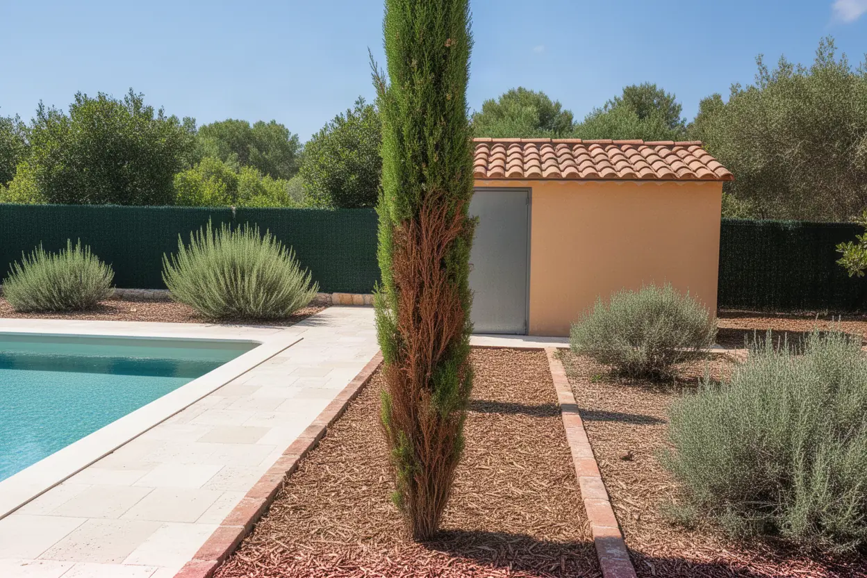 Cyprès dépérissant près d'une piscine à Mougins