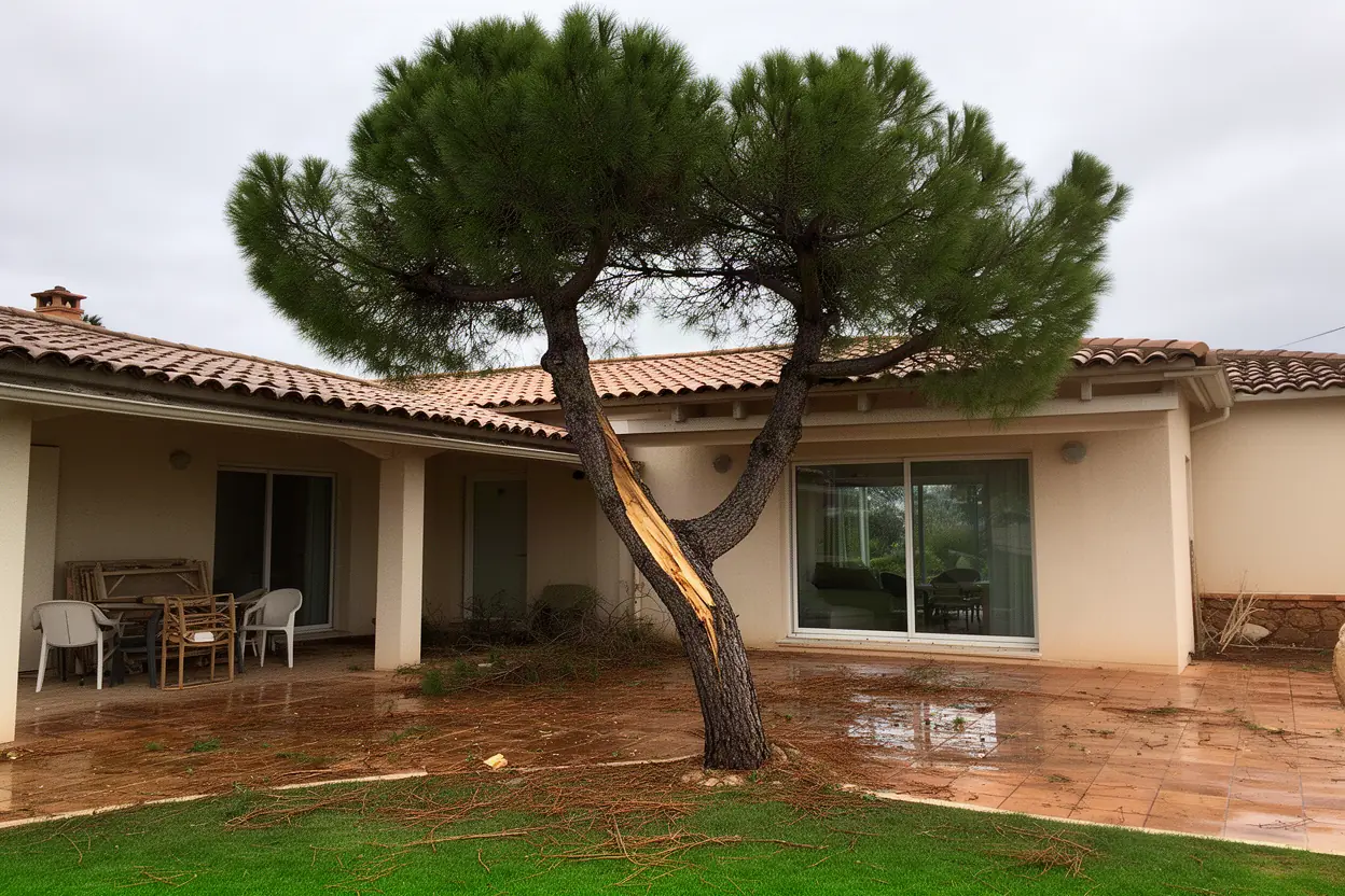 Branche de pin fendue au-dessus d’une terrasse à Mandelieu-la-Napoule