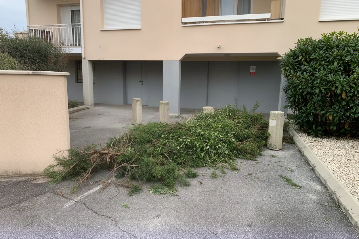 Branches de cyprès entassées dans une cour à Antibes
