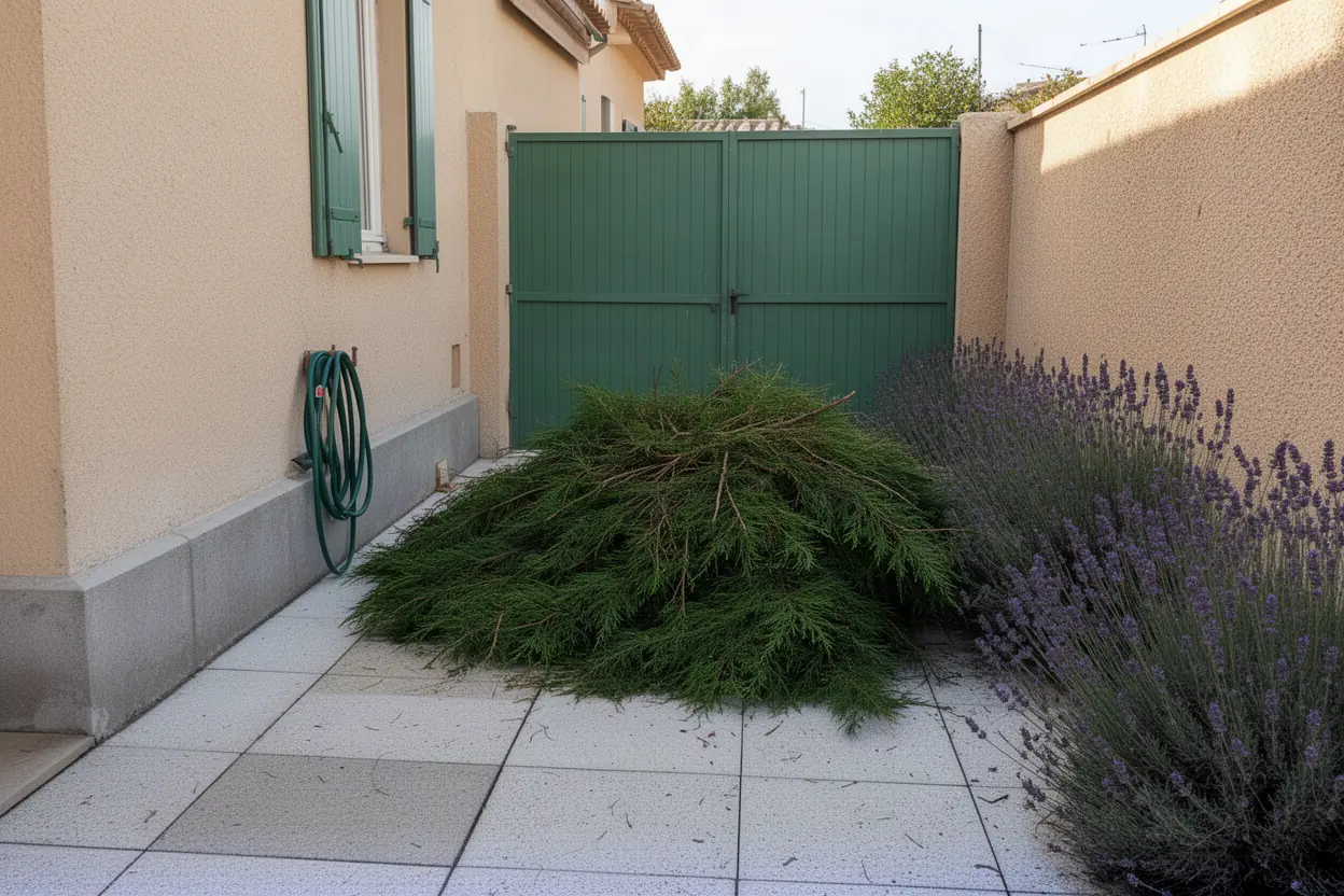 Cour encombrée de branches après taille à Cannes