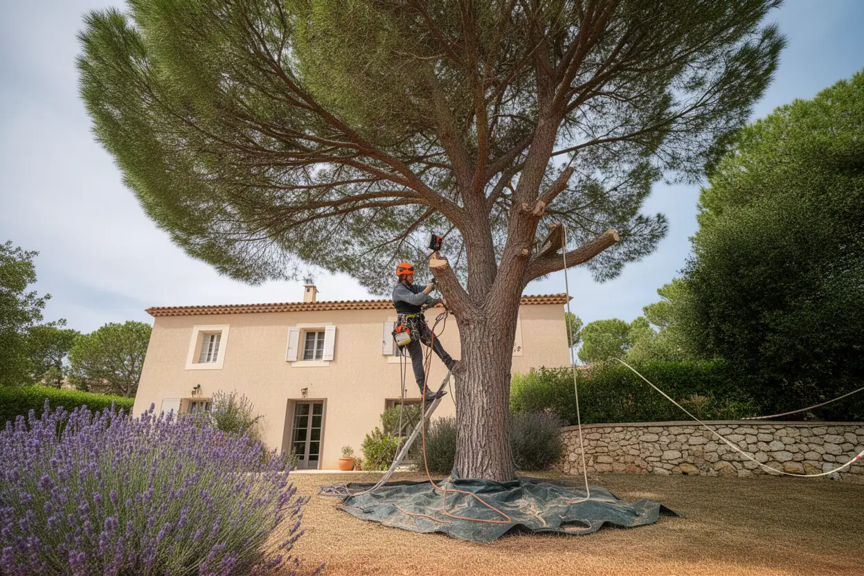 Élagueur taillant un pin parasol à Cannes