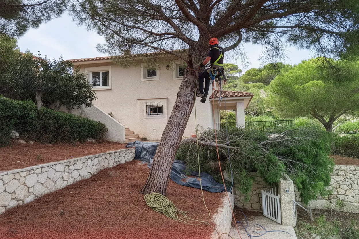 Arboriste grimpeur progressant dans un cyprès à Pégomas