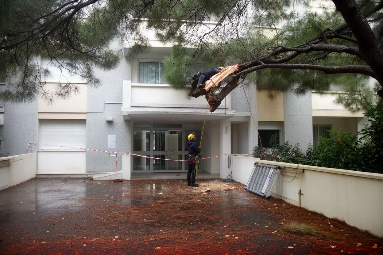 Élagueur sécurisant un arbre endommagé à Cannes