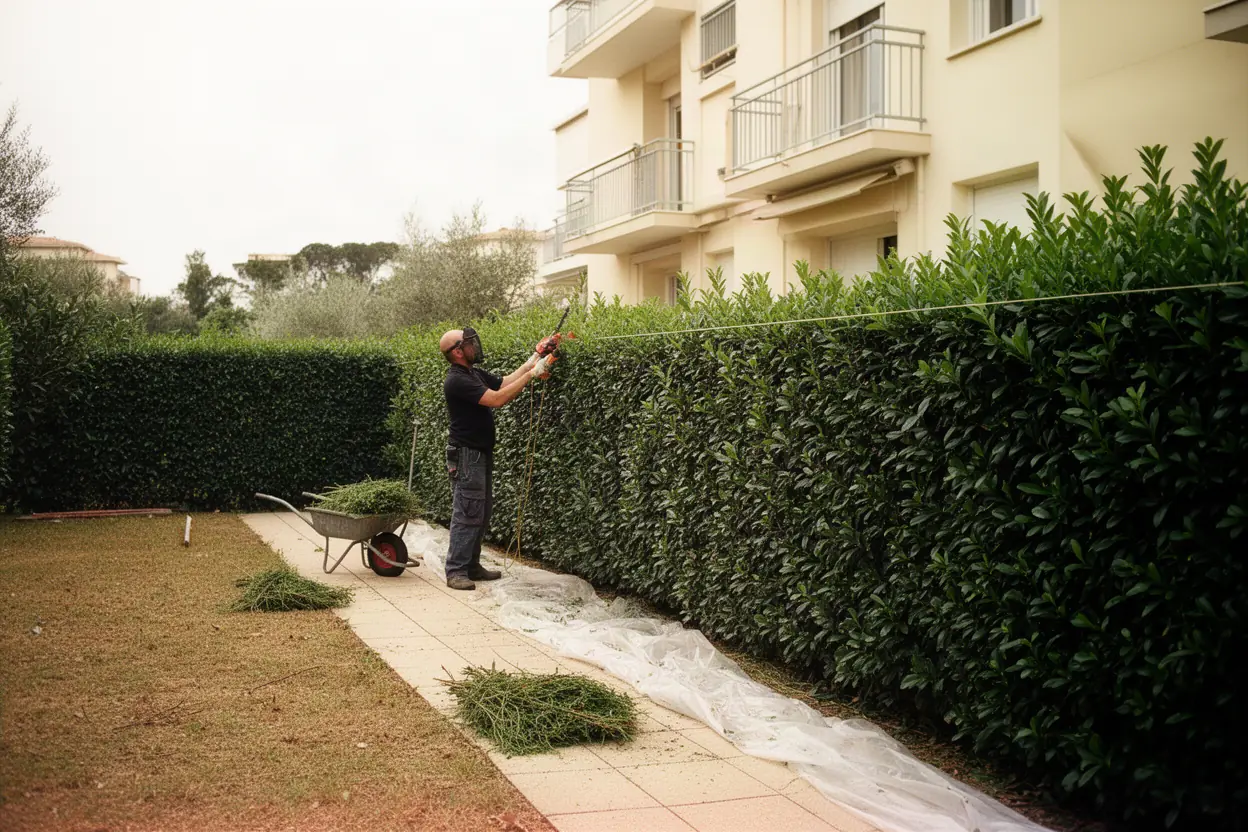 Taille progressive d’une haie persistante dans un jardin à Pégomas